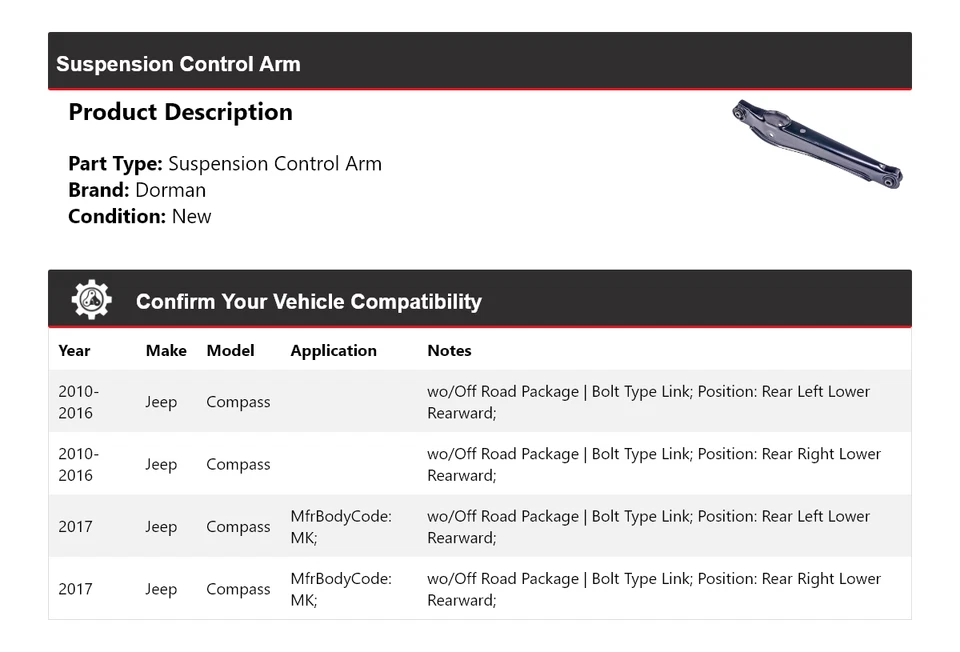 Brazo de control de suspensión para Jeep Compass Dorman 2010-2017 2011 2012 2013 2014 Foto 2 de 4