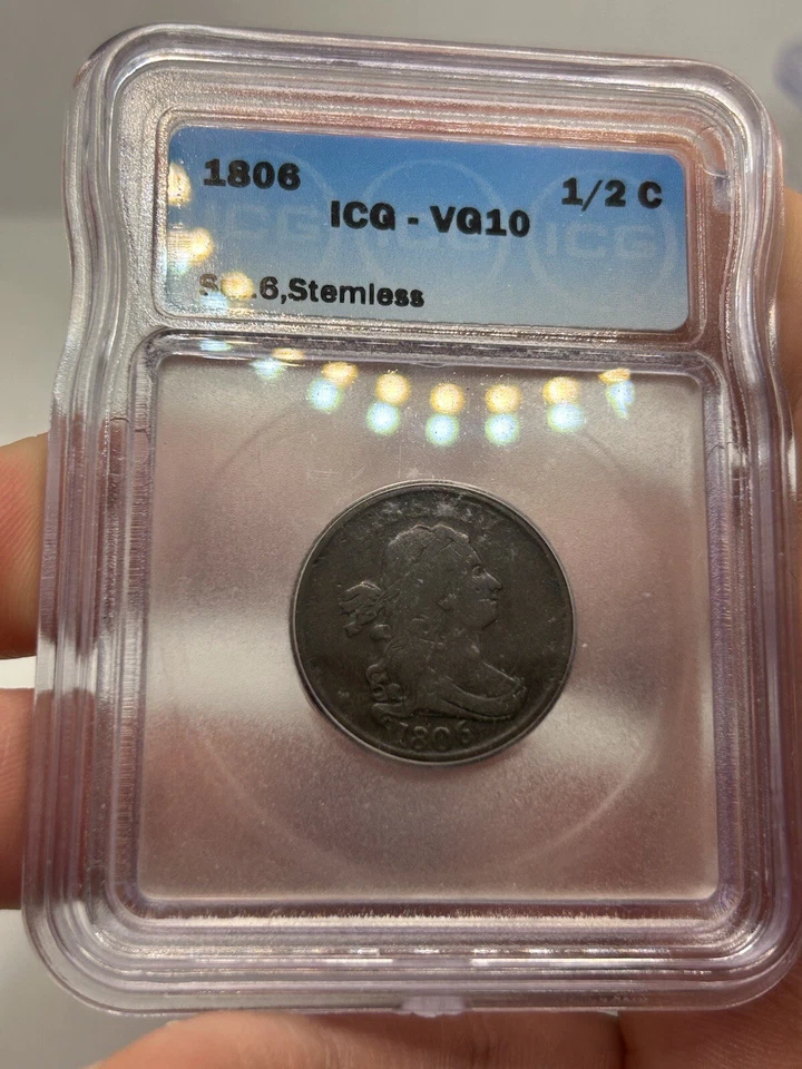 1806 Draped Bust Half Cent 1/2 Small 6 Stemless Older ICG VG-10 Old Copper*** - Image 4 of 4