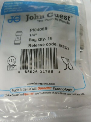 JOHN GUEST PI0408S Adapter Union, 1/4  Tube, 10 Pack Speed-Fit