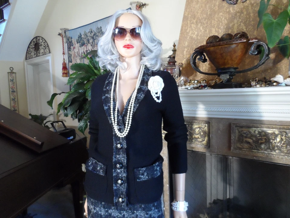 Conjunto de saia de malha e tweed Tory Burch preto/cinza lã merino com acabamento em couro tamanho XS-4 - Imagem 4 de 4