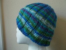 Hand knitted elegant and warm striped beanie/hat, blue/green/purple/aqua