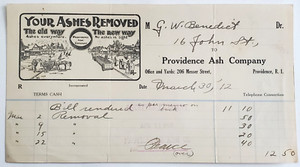 1912 Invoice, Providence Ash Company, Rhone Island. G.W. Benedict, 16 John St.