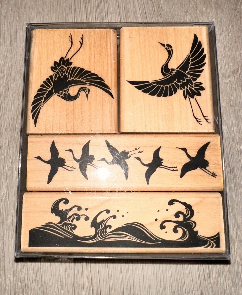 NEW Set 4 Rubber Stamps Crane Bird Ocean Wave Kodomo NIB Sealed Wood Block Lot
