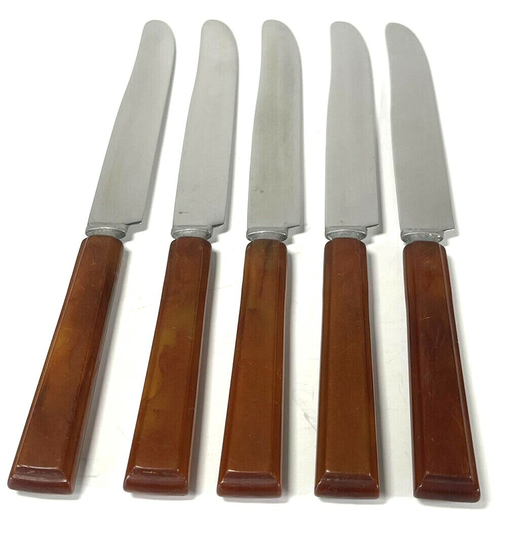 Vintage Butterscotch Bakelite EverBrite Knives Flatware Stainless Steel