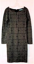 Alice + Olivia Black Nadia Merino Wool Dress Greek Key Pattern Sz Med.