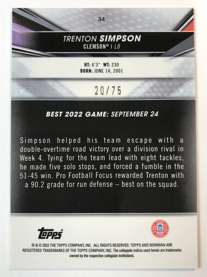 2022-23 Bowman's Best U #34 Trenton Simpson Clemson Tigers Gold Lava /75 - Image 2 of 2