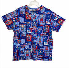 Scrub Shirt Primitive Angels Blue Stars Flag Fourth of July Patriotic Sz Medium