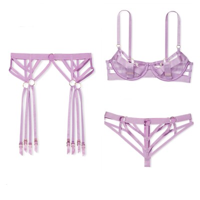 Victorias Secret Strappy Caged Open Cup Demi Bra Garter Panty Set Lilac 3 pcs