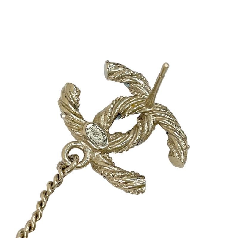 CHANEL Clear BLue Rhinestone CC Logo Studs Pearl Chain Dangle Gold Plated B19P thumbnail 6