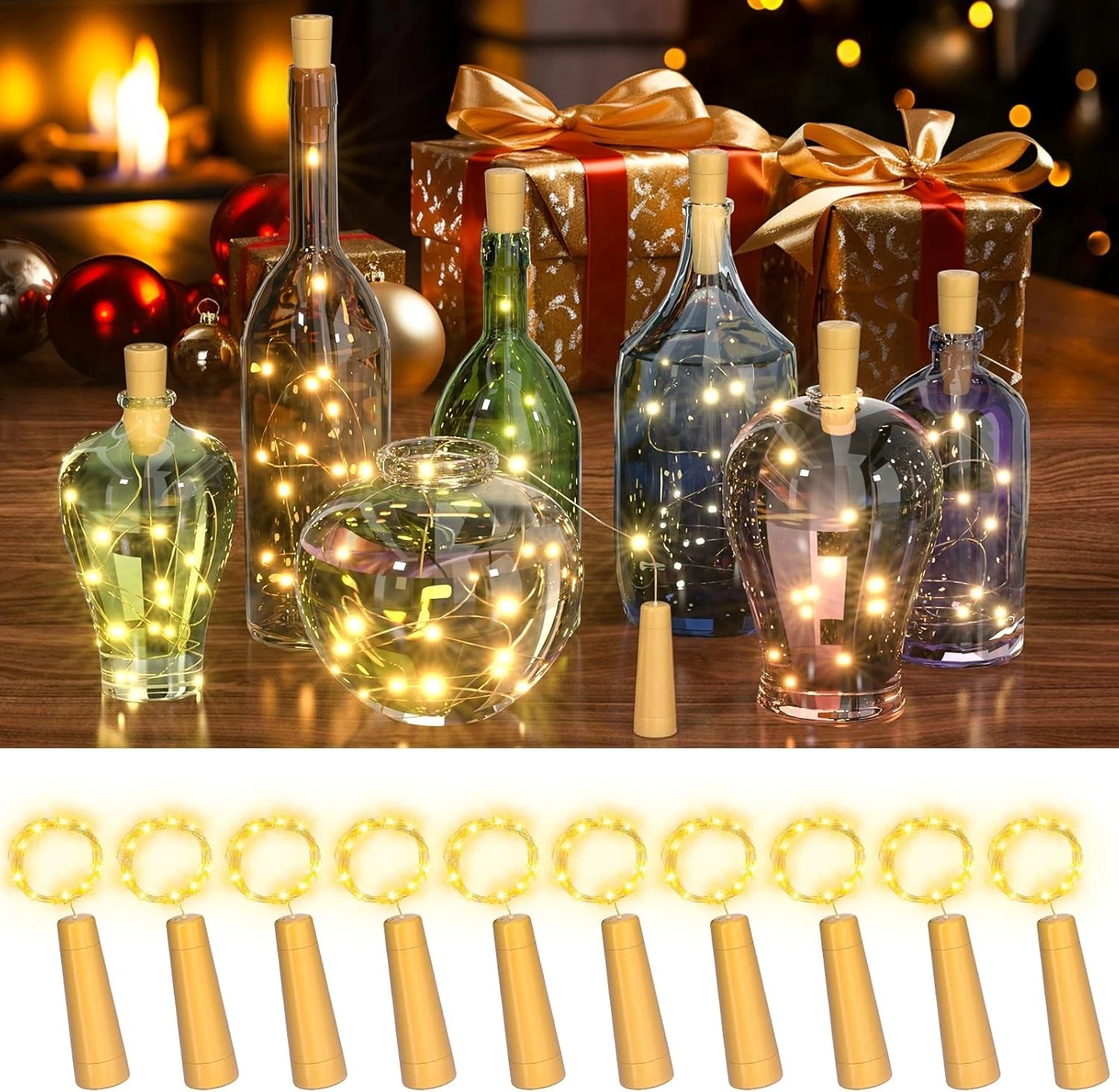 PChero Wine Bottle Cork Lights with Timer, 10 Pack 20 LED 6.6 ft Warm White