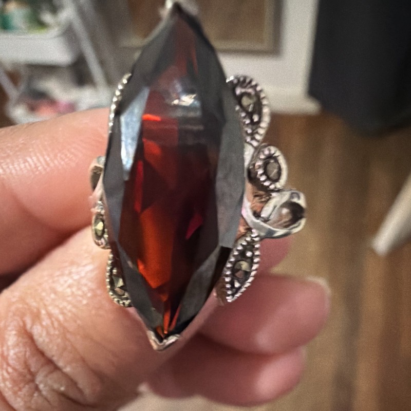 925 Sterling Silver Marquise Red Garnet Statement Ring Size 8.5 Signed