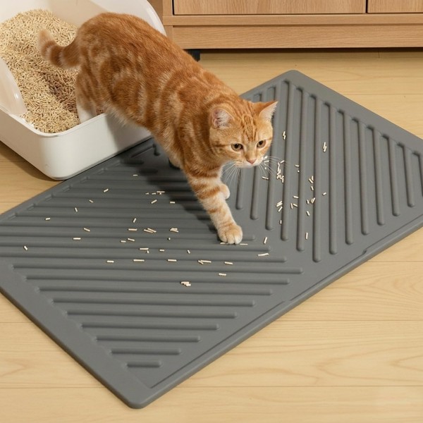 Katzenklo Matte 60X38Cm Silikon Wasserdicht Rutschfest Leicht Zu Reinigen Grau-image