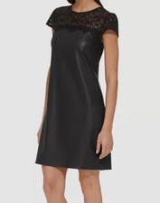 Kensie Women's Black Vegan Leather Sheath Dress Lace Collar Rear Zip Size 6 NWT