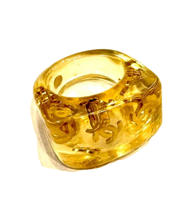 CHANEL Ring Clear Plastic Beige/Gold CC Coco Mark Logos US6.25 01P