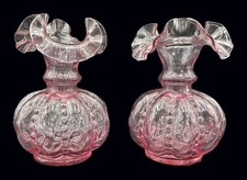 Pair Vintage Fenton Cranberry Glass Beaded Melon Vase Crimped Ruffled Rim 6.25  H