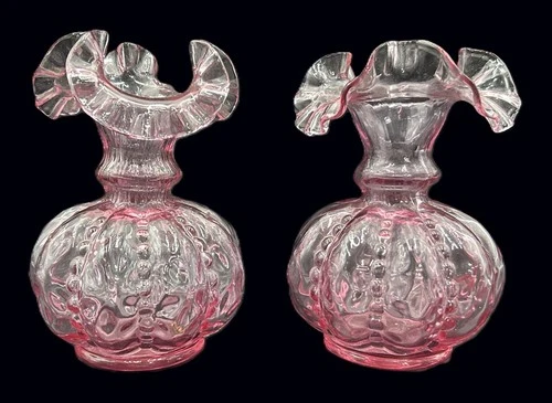 Pair Vintage Fenton Cranberry Glass Beaded Melon Vase Crimped Ruffled Rim 6.25”H