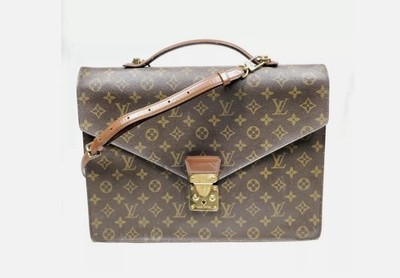 Louis Vuitton Monogram Brown Briefcase Document Case Push Lock Adjustable Strap