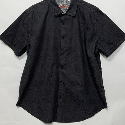 Robert Graham Woven Paisley Button Short Sleeve Shirt Black Embroidered Men 2XL