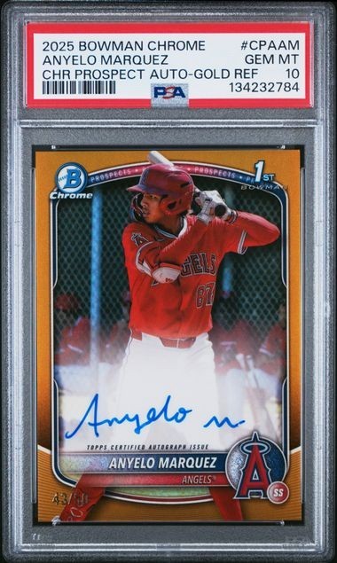 2025 Bowman Chrome 1st Anyelo Marquez True Gold Refractor/50🔥PSA 10🔥POP 1🔥