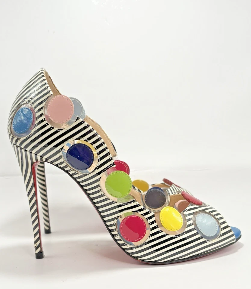 Christian Louboutin Lady Bug Heels Navy/White Stripes Bright Polka Dots Sz 35.5 - Image 2 of 4