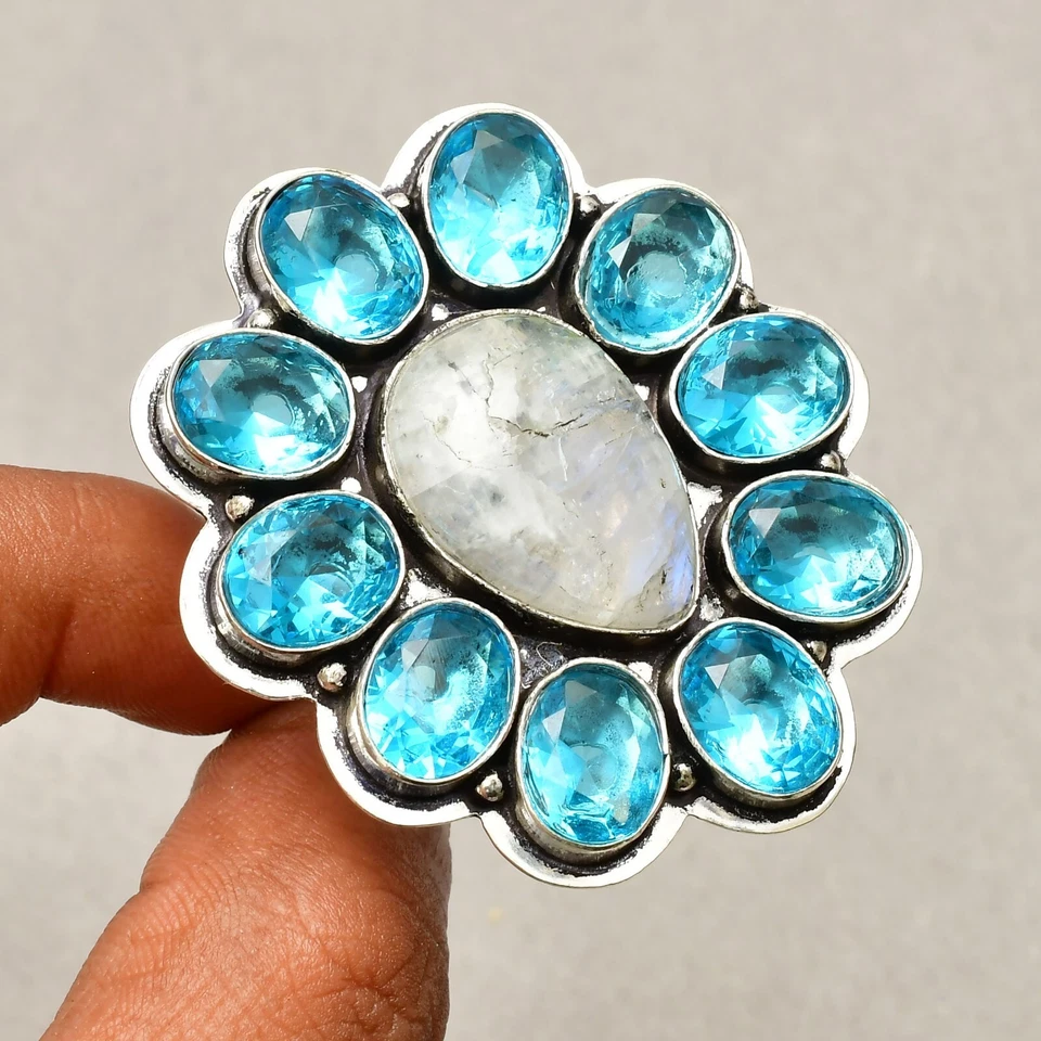 Anello gioiello in argento sterling 925 con pietra di luna arcobaleno misura 5,5 - Immagine 2 di 4