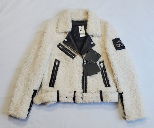 $2090 MOOSE KNUCKLES Truite River Ivory Shearling Zip Biker Jacket Women Size XL