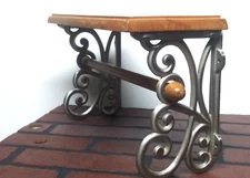 Wrought/Cast Iron & Wood Wall-Shelf w/ Towel Holder Bar heavy Ornate silver tan