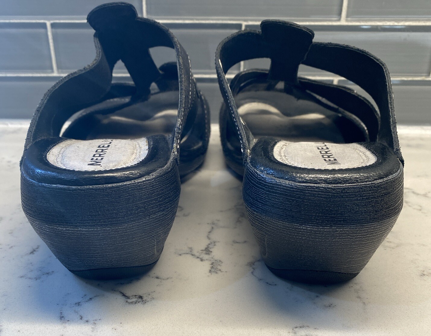 Sandali Merrell donna Y2K grossi neri Luxe slide pelle zoccoli con cinturino US 7