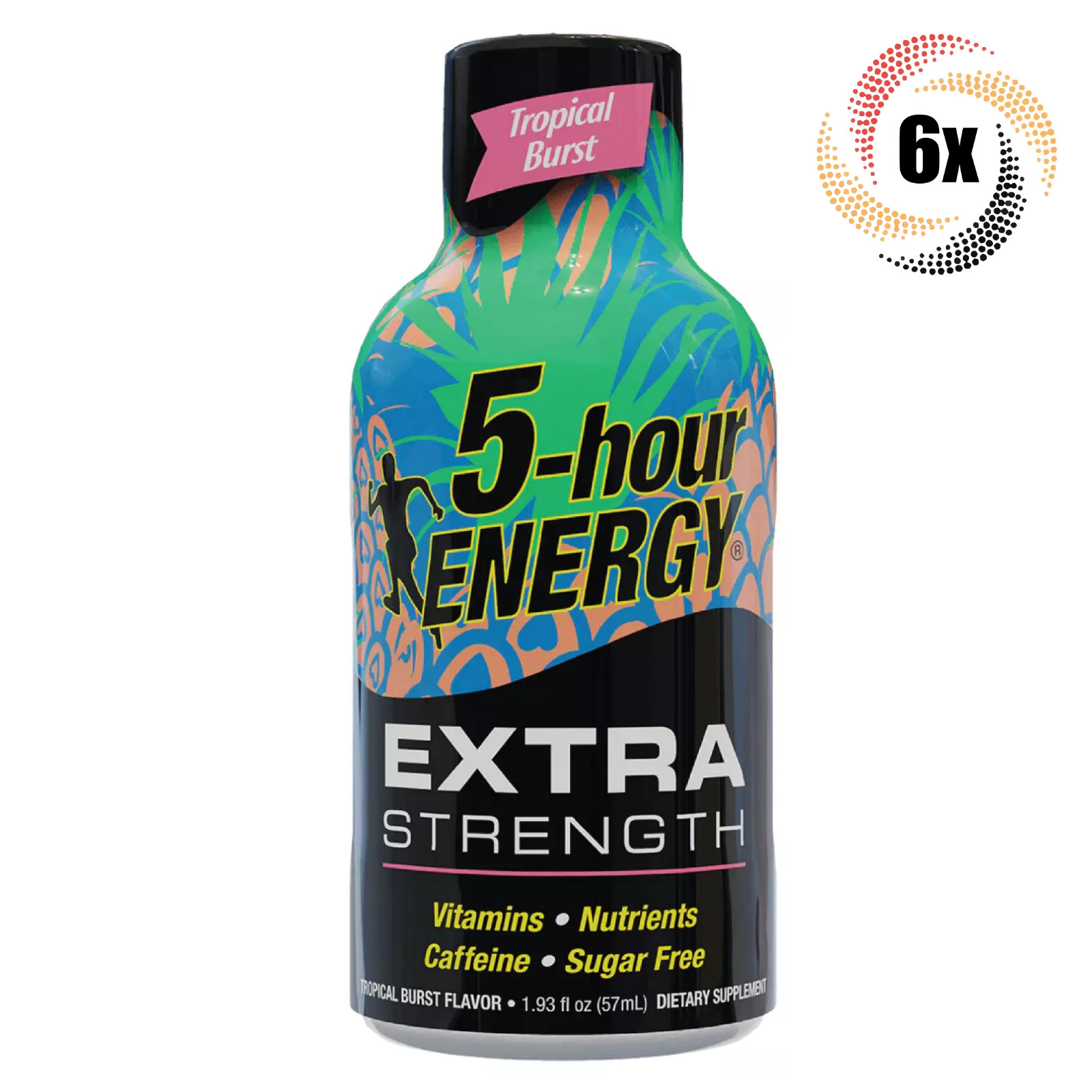 6x бутылок с 5-часовым энергетическим вкусом Extra Tropical Burst | Без сахара | 1,93 унции