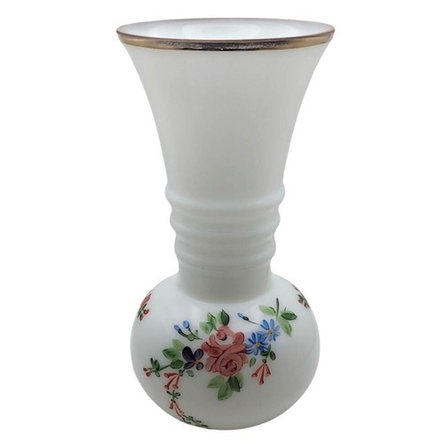 Vintage MCM Hand Painted Floral Milk Glass Ball Vase Gold Trim & Ribbed Neck