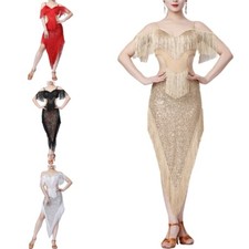 Women Fringe Latin Dance Dress Belly Dance Dress Sparkly Sequins Dress for Party
