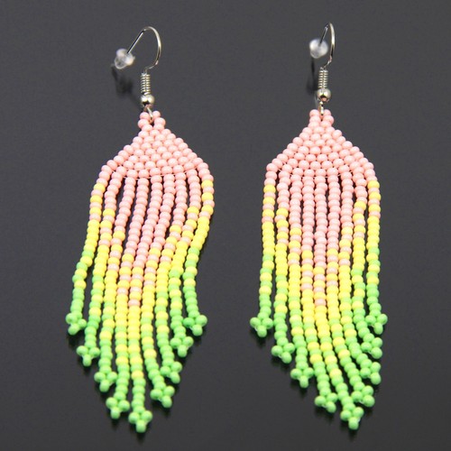 Pink Seed Bead Earrings Long Tassel Native American Style Jewelry Summer Gift - Picture 10 of 13