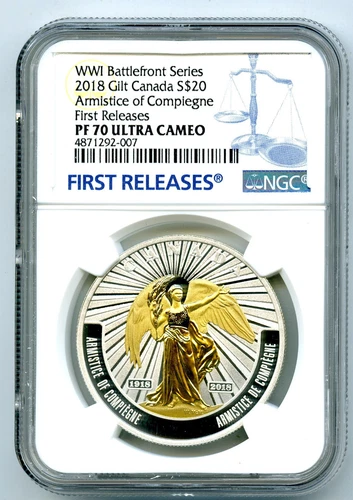 2018 $20 CANADA GILT SILVER NGC PF70 ARMISTICE OF COMPIENGE PROOF FIRST RELEASES