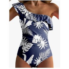 NEW Dokotoo 1 Shoulder Swimsuit Blue White Leaf Print Size L NWT Removable Cups