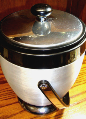 Vtg Kromex Brushed Aluminum Ice Bucket Black Barware Art Deco Style Canister 755
