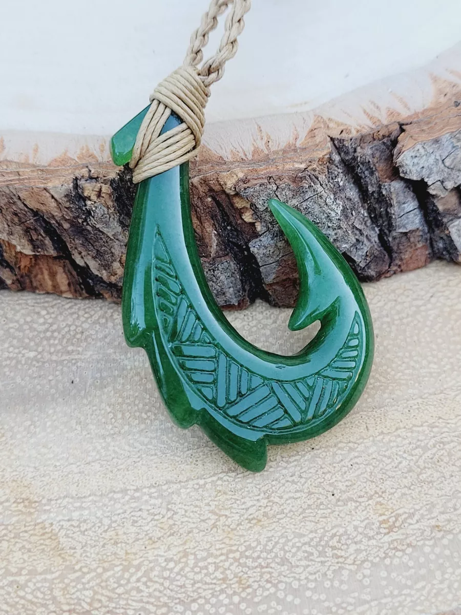 Hawaiian Natural Jade Fish Hook Necklace Hand Carved Jade Hook