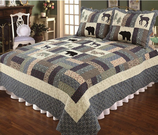 3PC King Highlands Quilt. Lodge Black Bear & Deer Quilt Set/Bedding