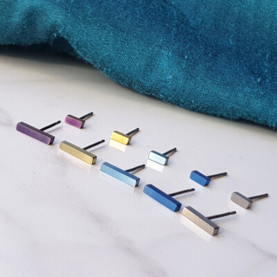 Titanium Bar Stud Earrings, Pure Titanium - Silver/gold/blue/purple, by Catlogix