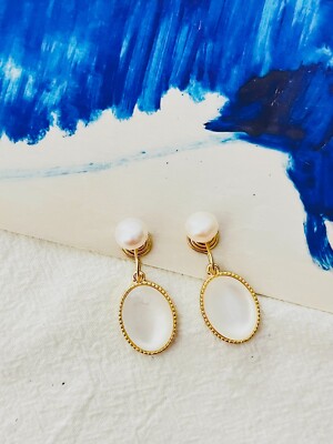 Weiße Perle rund Kreis oval matt Opal Mondstein elegante Ohrhänger Clip Ohrringe