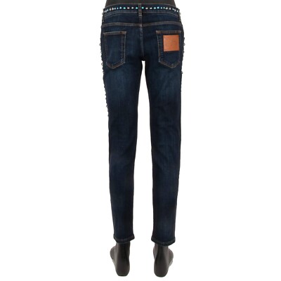 Dolce & Gabbana DG Leather Logo Metal Beads Skinny Jeans Blue M