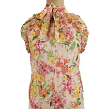 La Fuori Pink Yellow Orange Metalic Gold Vegetarian Vegan Silk Floral Blouse/Top
