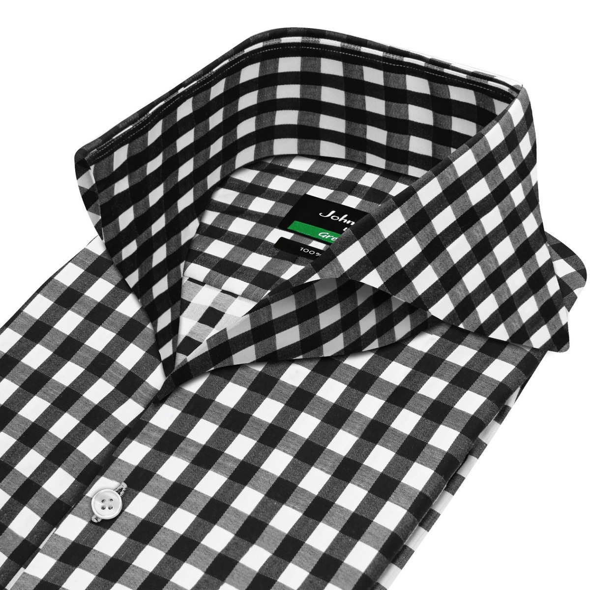 Black White Gingham Checks High Open Extreme Cutaway Collar Buttonless Men  Shirt - Main Image