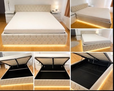 ACCO Polsterbett 180x200 Stoff beige mit LED & Stauraum, Matratze inkl.