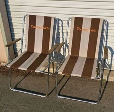 2 Vtg Zip Dee Camping Chairs Folding Chairs Brown Airstream RV Motorhome Coach