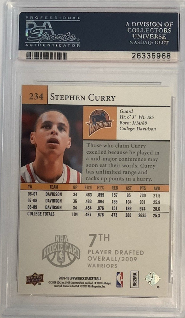 2009 Upper Deck #234 Stephen Curry RC Rookie PSA 9 view 9