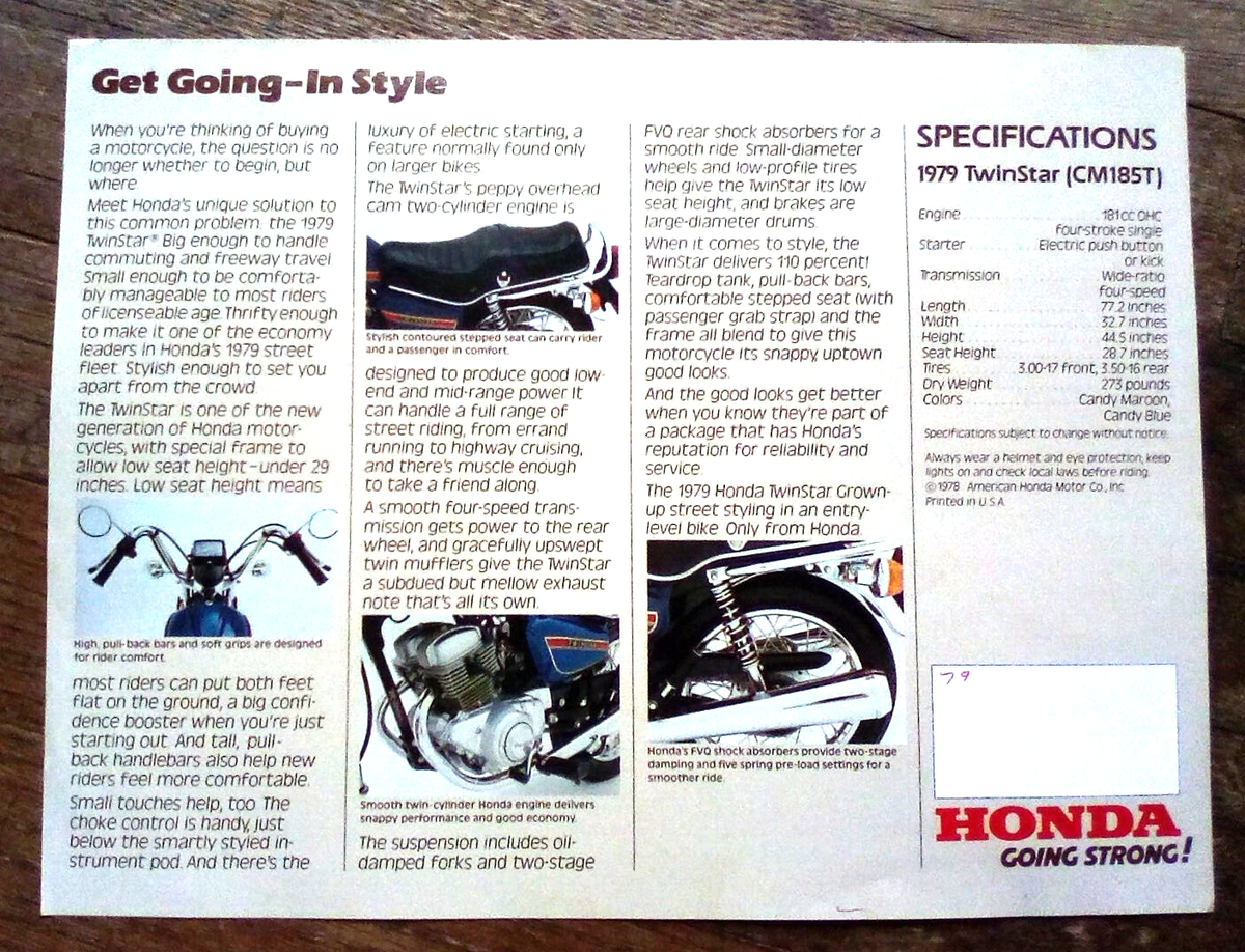 1979 Honda Twinstar CM185T Bike Motorcycle Brochure Spec Sheet | eBay