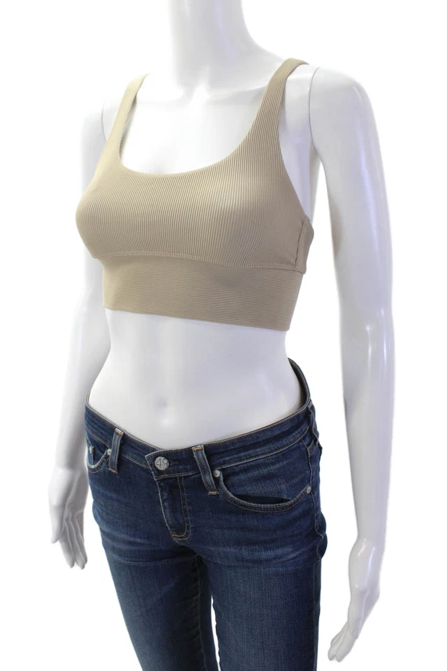 Beach Riot Womens Stretch Ribbed Round Neck Activewear Bra Beige Size XS - Image 2 of 4