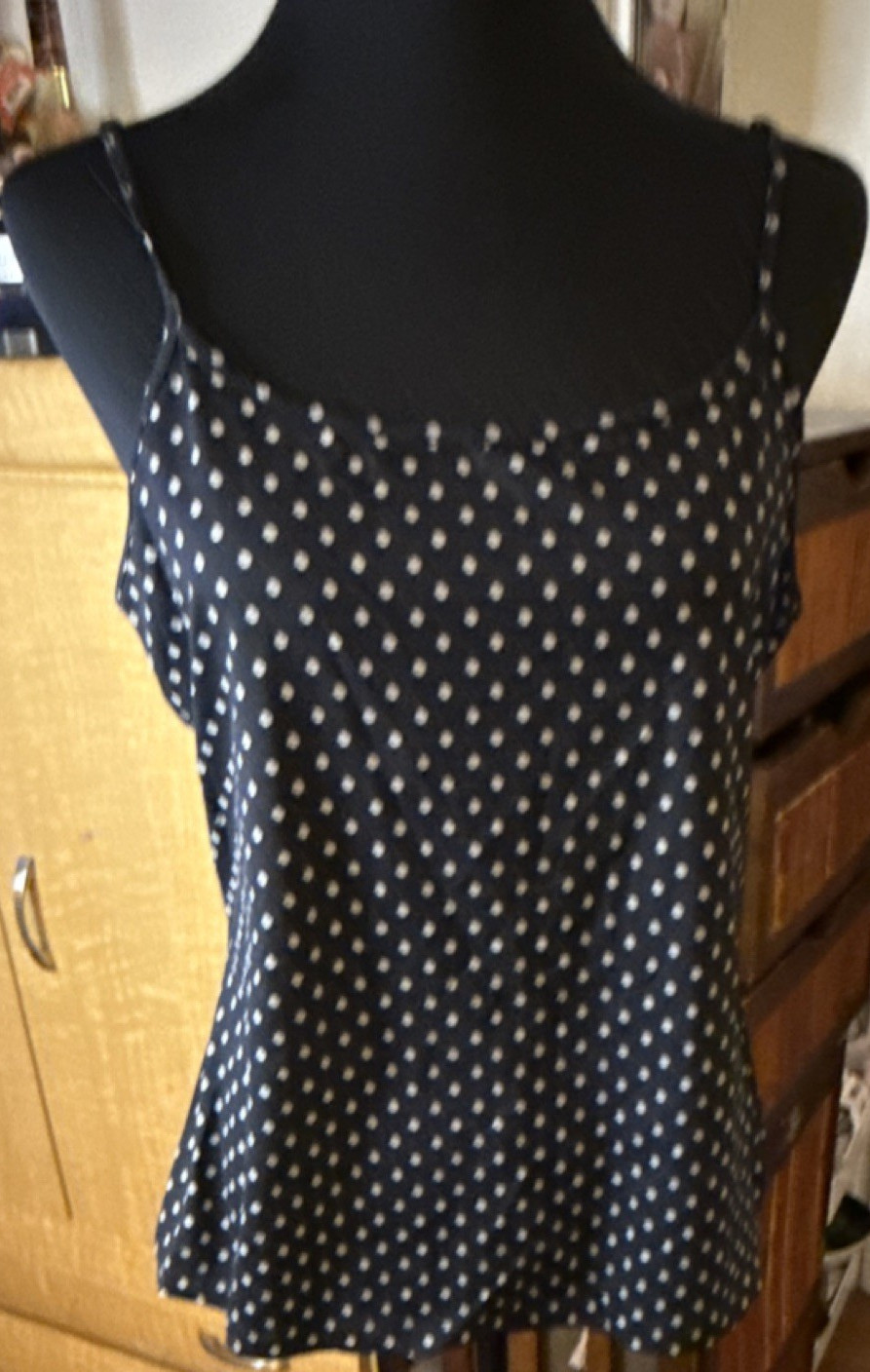 apostrophe Navy White Polka Dot Stretch Spaghetti Strap Camisole Top Women's L