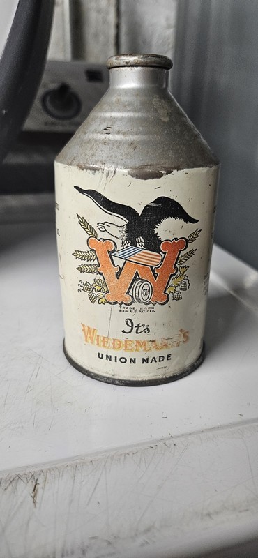 LATE 1940S WIEDEMANN CROWNTAINER CONE TOP BEER CAN IRTP WHITE AND SILVER