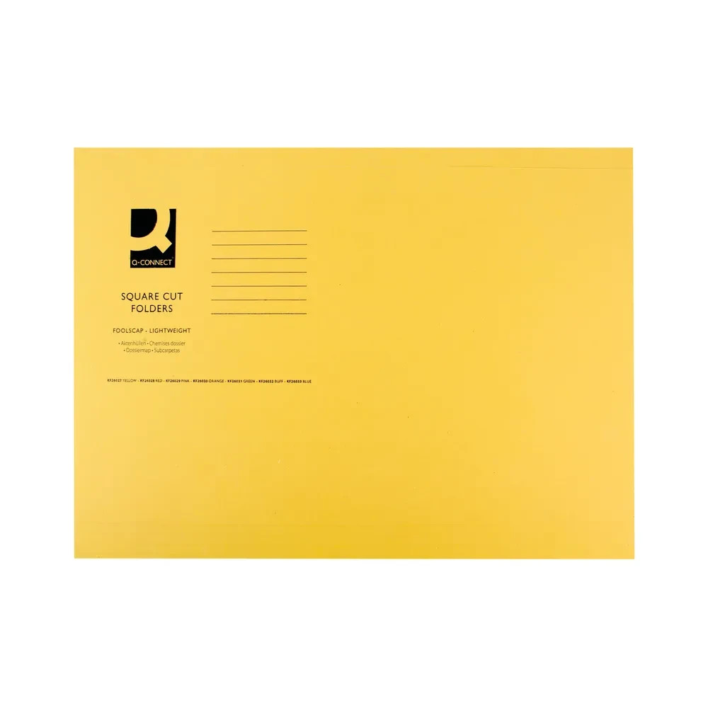 Q-Connect Foolscap Square Cut Folders Yellow 180gsm Lightweight Filing Pack 100